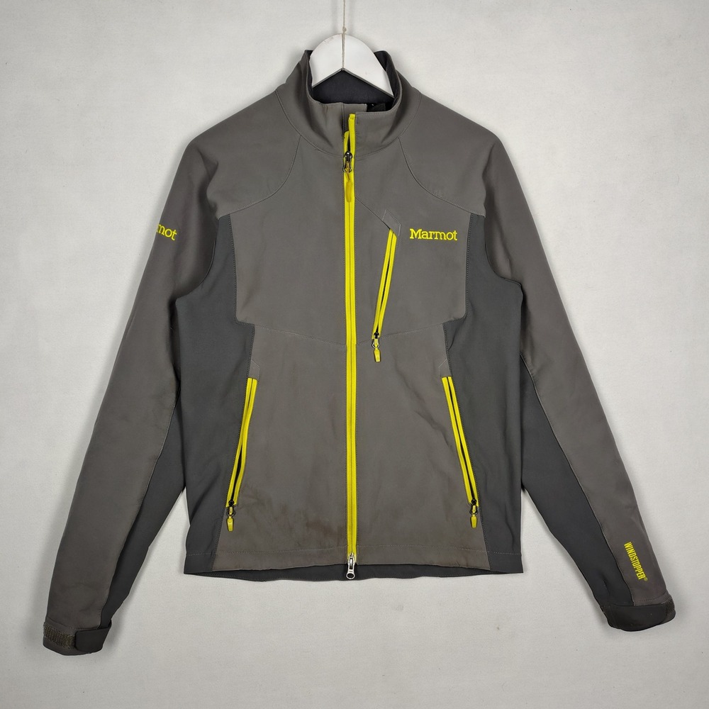 Marmot Gore Windstopper Softshell Jacket Mens Small Grey Neon Yellow Full Zip